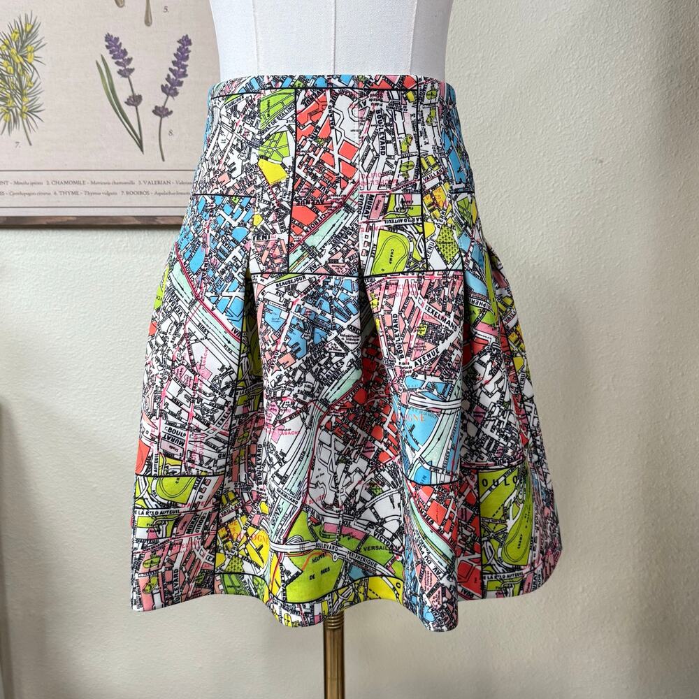 Maeve Anthropologie Neoprene Map Pleated Mini Skirt Whimsy Twee Mod Retro XS 2